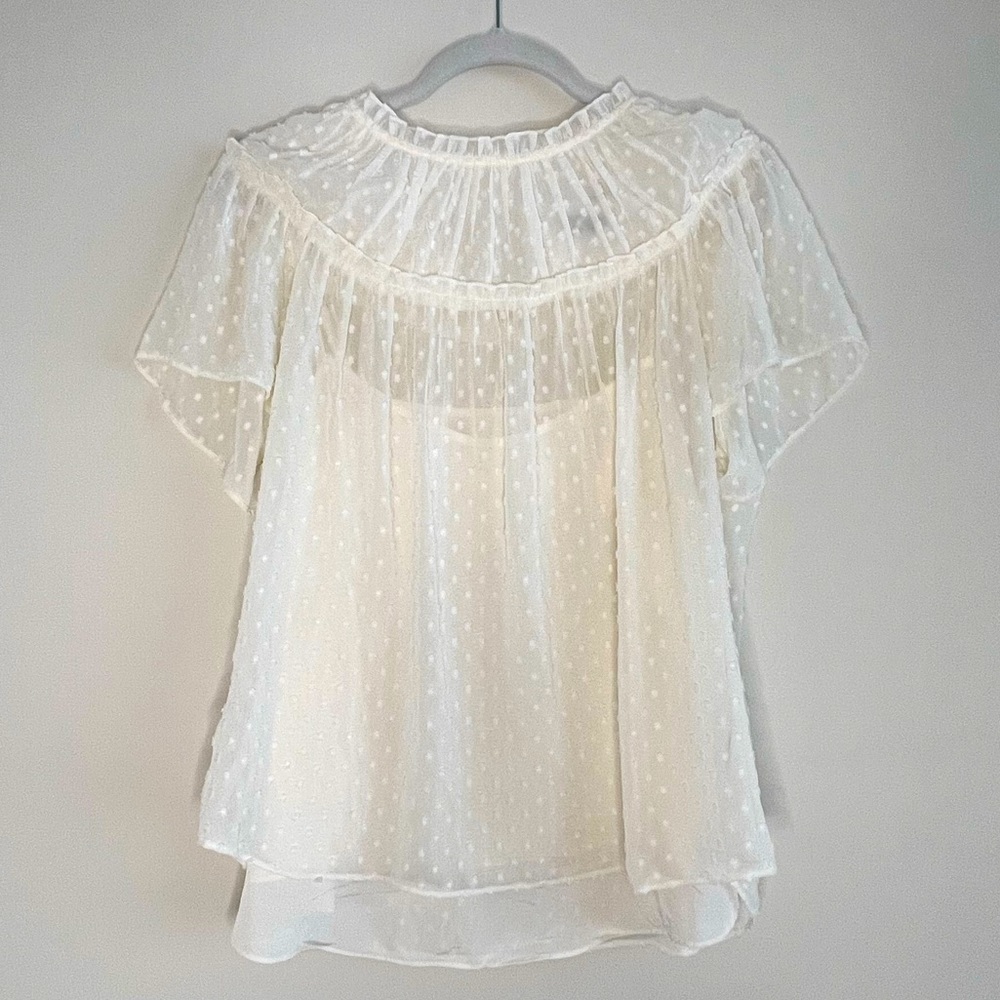 J.Crew Ivory Gathered bib top in drapey swiss dot